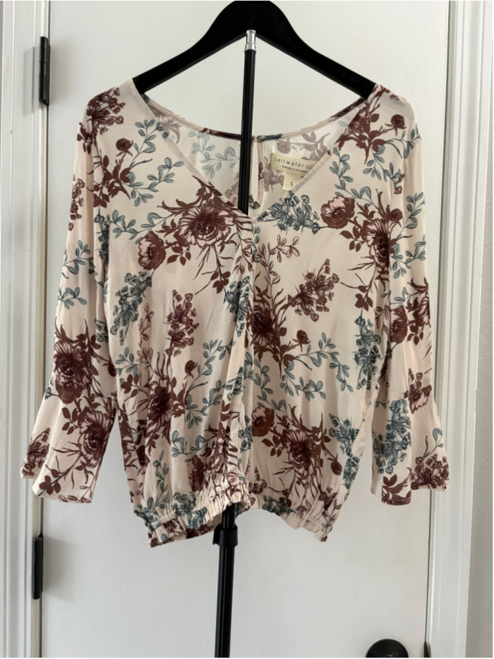 NWT Saltwater Luxe Floral Smocked Waist Blouse Cream/Brown Boho Top Size S